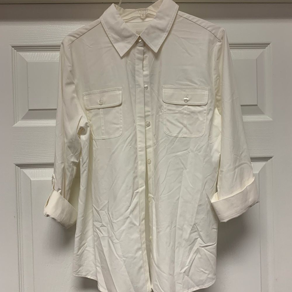 Chico’s Silky Soft Classic Button Down Shirt Antique White sz 0 or S